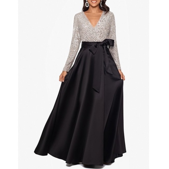 Xscape: Surplice V-Neck Sequined Long Sleeve Bow Detail Taffeta Ball Gown (NWT)